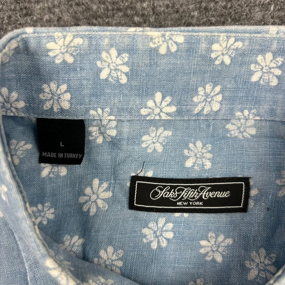 Saks Fifth Avenue Shirt Mens L Light Blue Daisy Floral 100% Linen Button Up - Picture 4 of 10